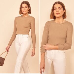 Reformation Jackie Knit Top Ribbed Long Sleeve Crop size S Beige Tan Neutral